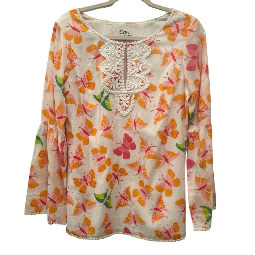 Lilly Pulitzer Butterfly Blouse Crochet Trim Bell Sleeves Fairy Feminine Top S